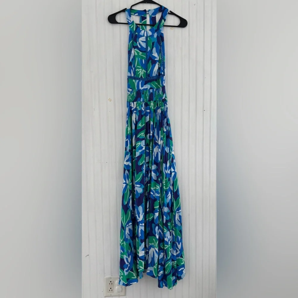 Abel the Label Blue Green Floral Tropical Halter Dress Charlotte Size Small NWT - Picture 2 of 12
